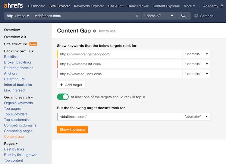 Screenshot of Content Gap report on Ahrefs, with 3 URLs being compared to one.