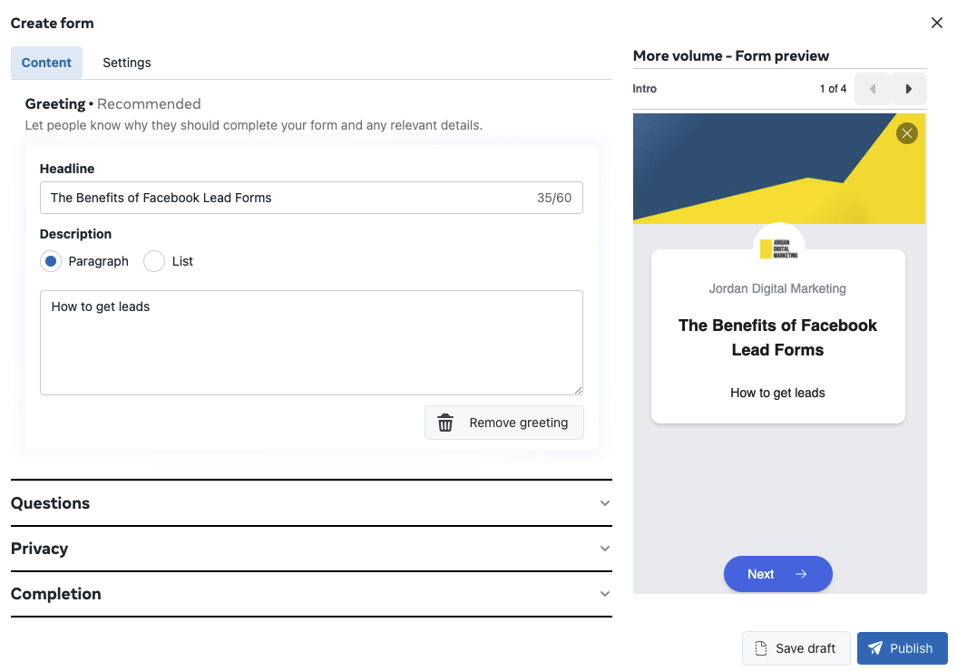 A WIP lead form being set up in Ad Manager.