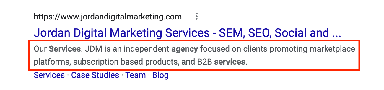 The meta description for Jordan Digital Marketing's "Services" page in the SERP
