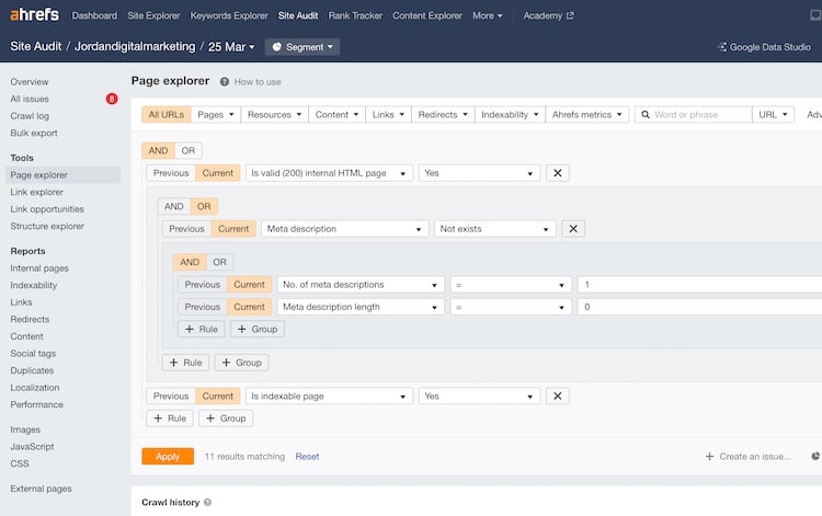 Screenshot of the filter options on the Page Explorer, with settings set to identify missing meta descriptions.