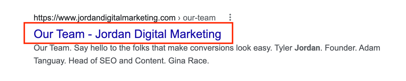 The title tag for Jordan Digital Marketing's "About" page in the SERP