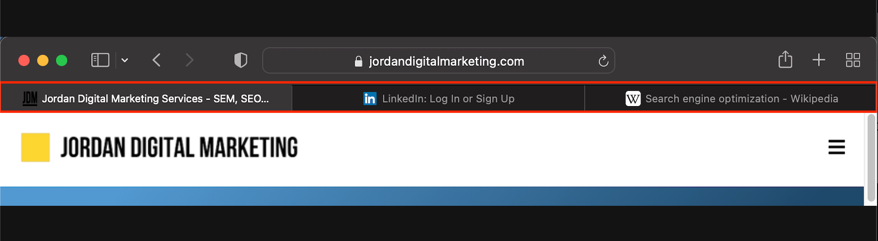 A view of title tags in the tabs of a browser