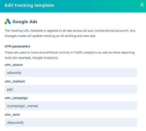 HubSpot's Edit tracking template for Google Ads.