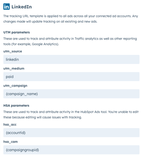 HubSpot's Edit tracking template for LinkedIn Ads.