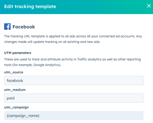 HubSpot's Edit tracking template for Facebook Ads.
